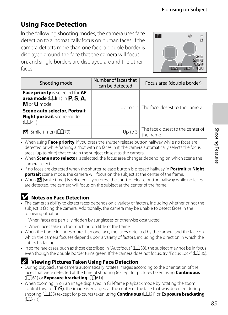 Using face detection, A85) or, A85) for | Using face, Detection, A85) | Nikon P510 User Manual | Page 103 / 260