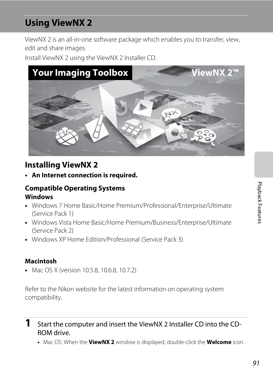 Using viewnx 2, Installing viewnx 2, A91) | Your imaging toolbox viewnx 2 | Nikon P510 User Manual | Page 109 / 260