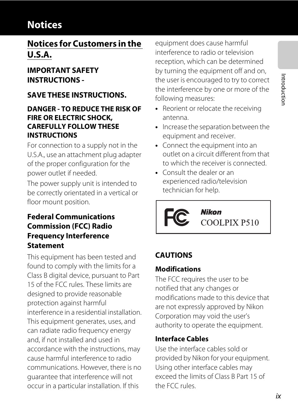 Notices, Notices for customers in the u.s.a | Nikon P510 User Manual | Page 11 / 260