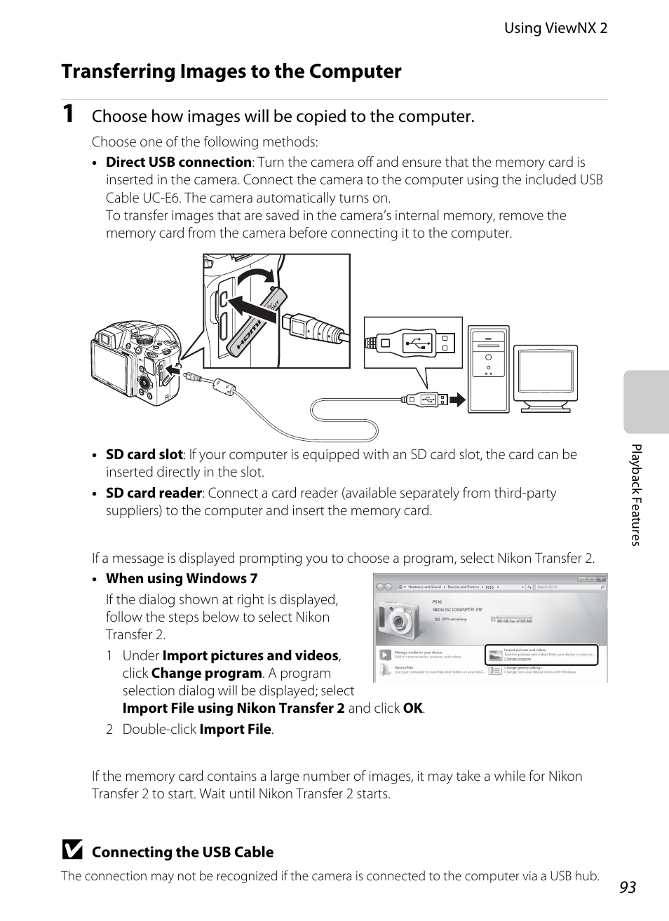 Transferring images to the computer, A93 for more, Choose how images will be copied to the computer | Nikon P510 User Manual | Page 111 / 260