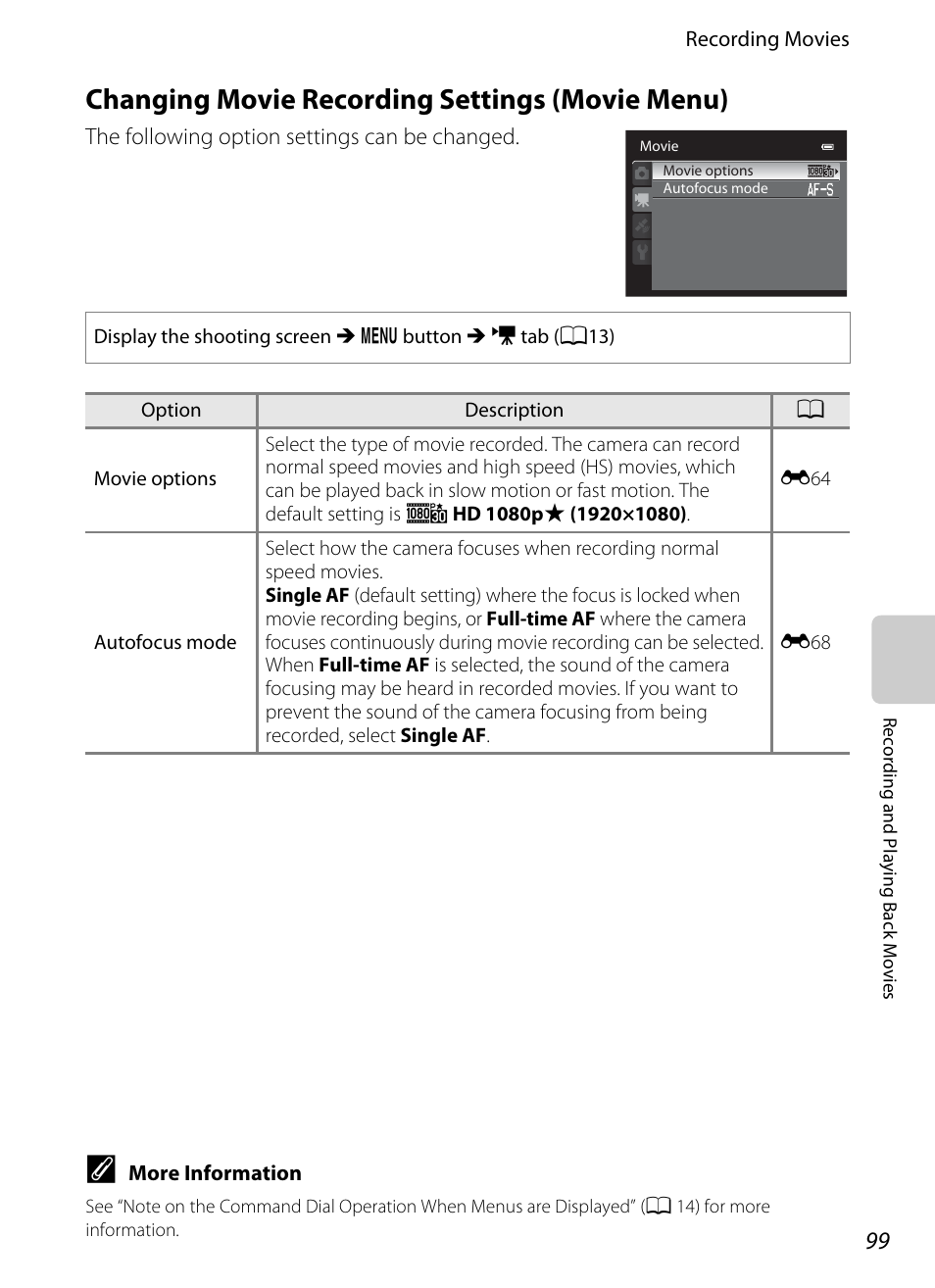 Changing movie recording settings (movie menu), A99) i, A99) | Nikon P510 User Manual | Page 117 / 260