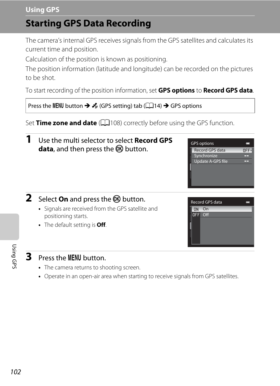Starting gps data recording | Nikon P510 User Manual | Page 120 / 260