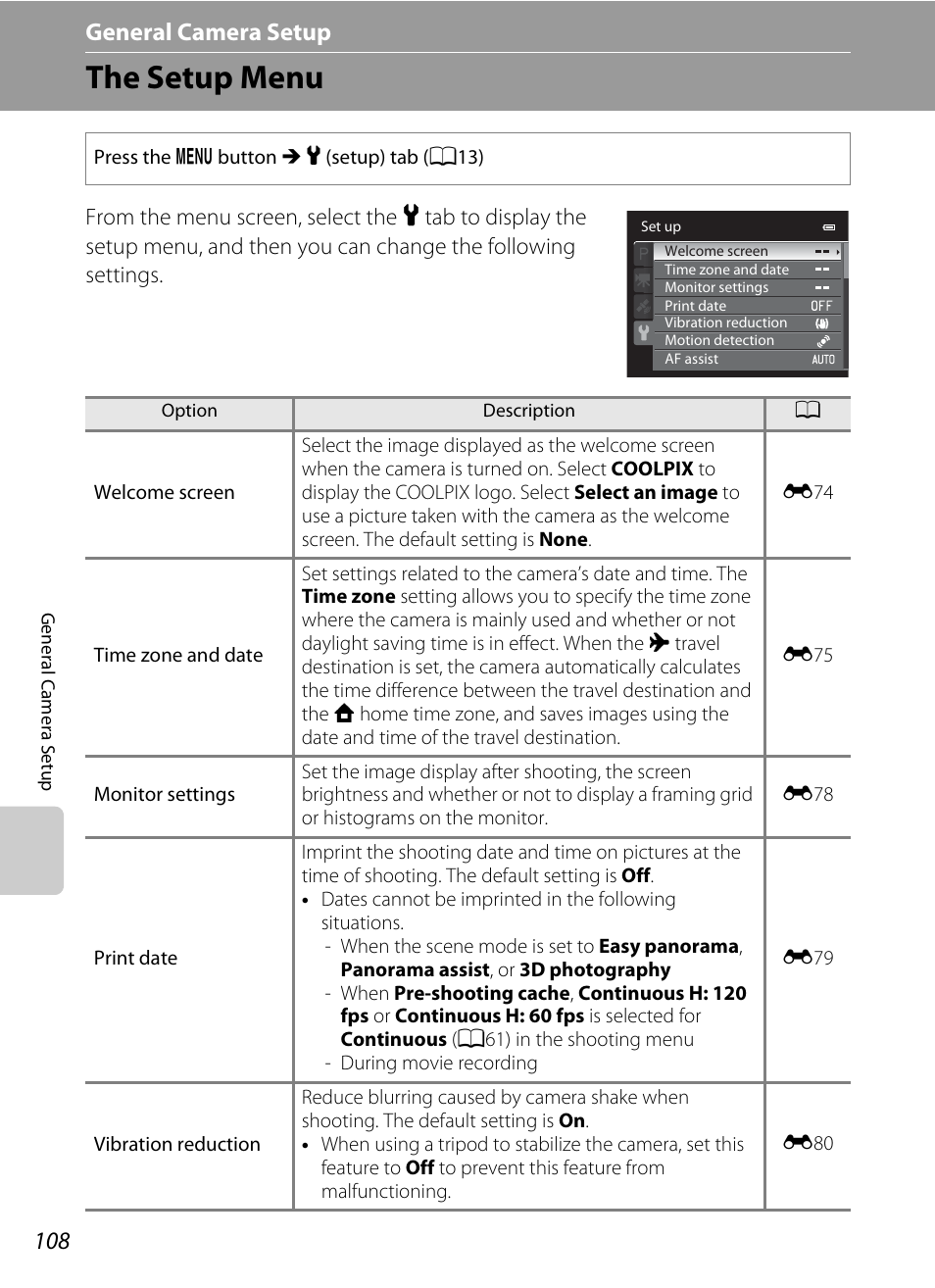 The setup menu, A108), A108 | A108) to, 108) is automa, General camera setup | Nikon P510 User Manual | Page 126 / 260