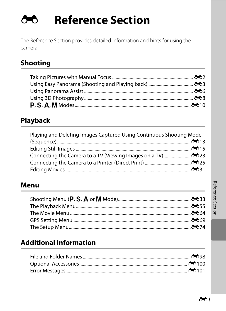Reference section, Shooting, Playback | Menu, Additional information | Nikon P510 User Manual | Page 131 / 260
