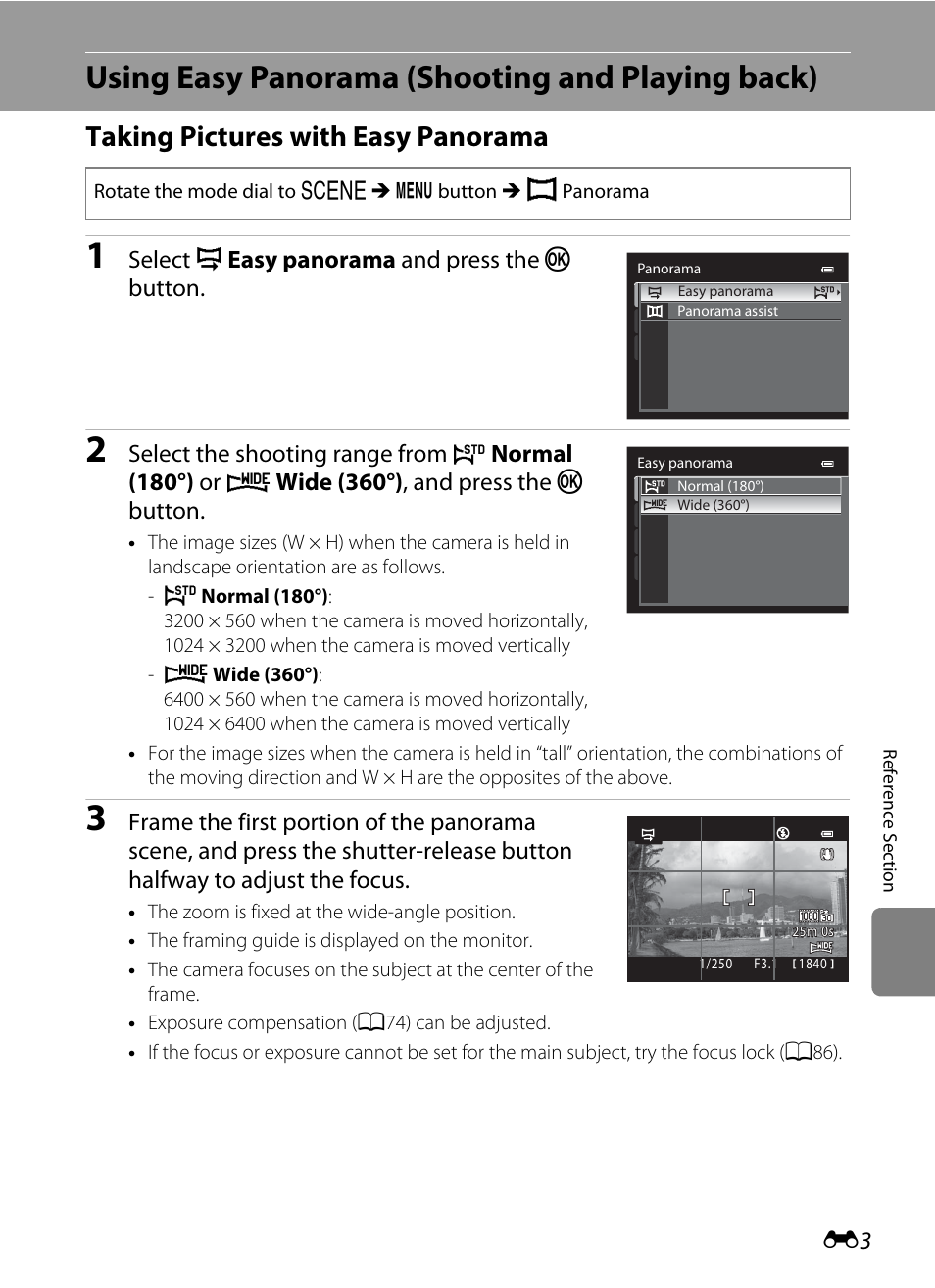 Using easy panorama (shooting and playing back), Taking pictures with easy panorama, Select v easy panorama and press the k button | Select the shooting range from, Normal (180°) or, Wide (360°) , and press the k button | Nikon P510 User Manual | Page 133 / 260