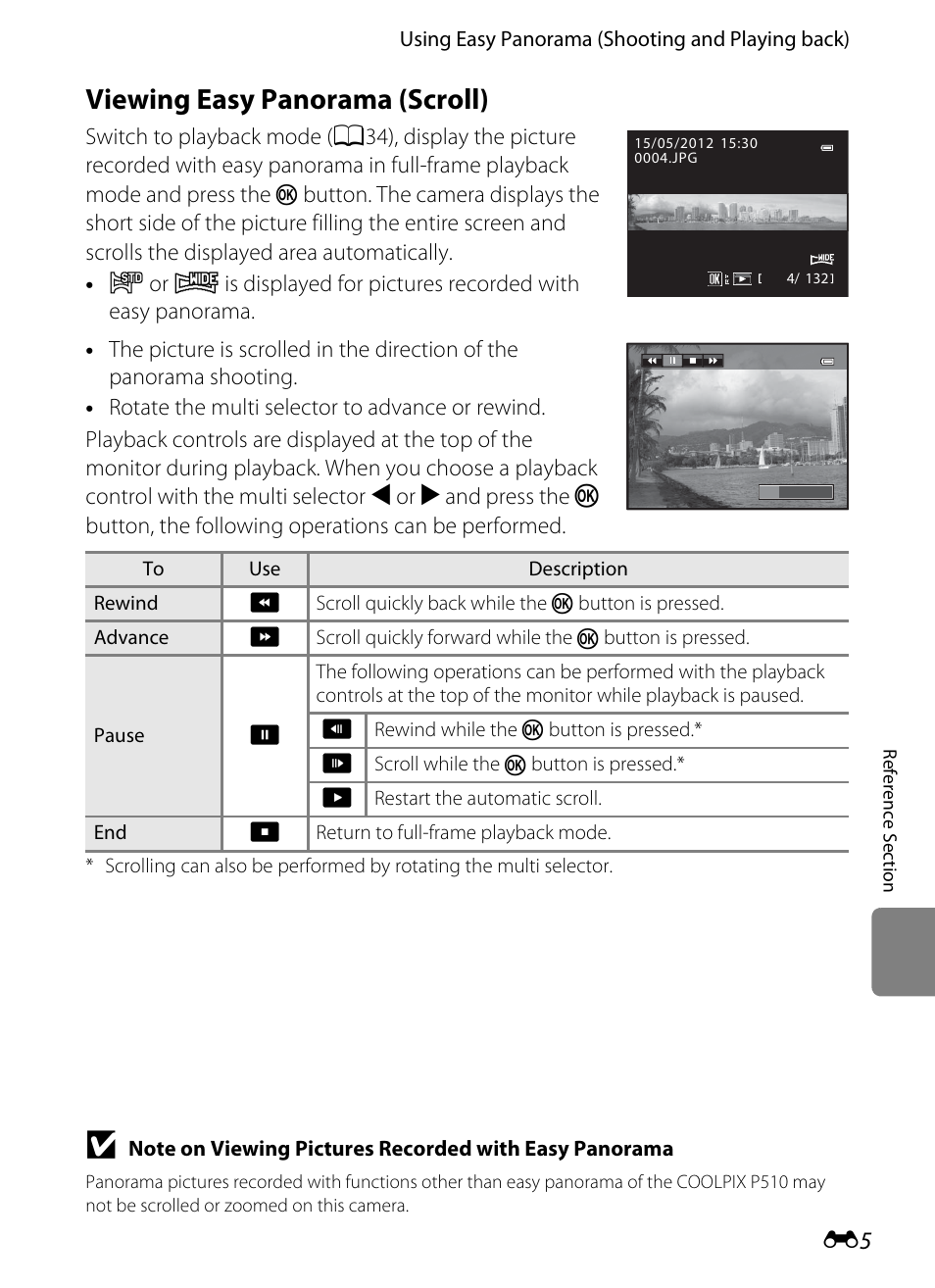 Viewing easy panorama (scroll) | Nikon P510 User Manual | Page 135 / 260