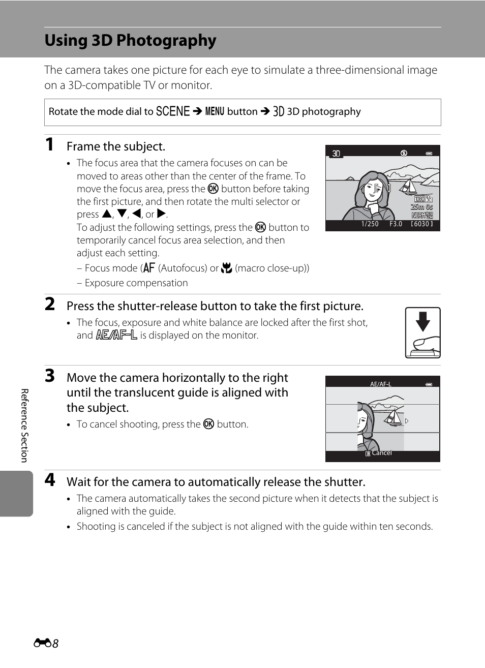 Using 3d photography, E8) for more, Frame the subject | Nikon P510 User Manual | Page 138 / 260
