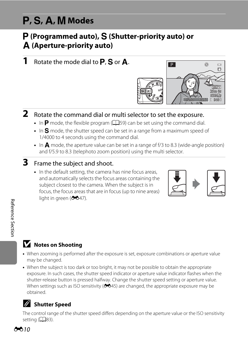 P, s, a, m modes, Programmed auto) ( e 10), E 10) | Aperture-priority auto) ( e 10, J, k, l, m modes, J , k , l , m modes, Rotate the mode dial to j, k or l, Frame the subject and shoot | Nikon P510 User Manual | Page 140 / 260