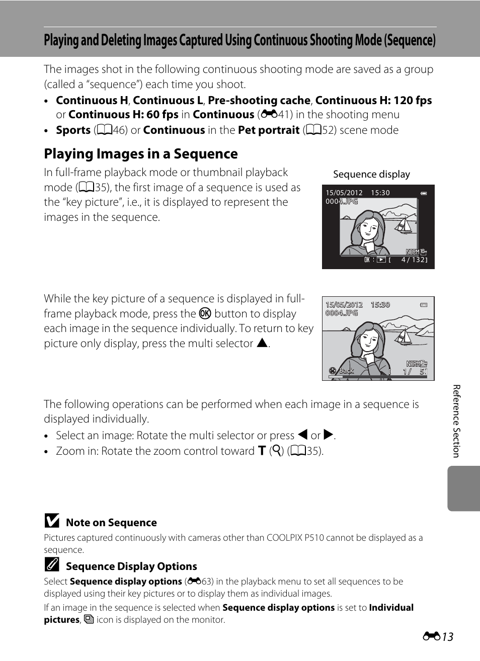 Playing images in a sequence, E13) | Nikon P510 User Manual | Page 143 / 260