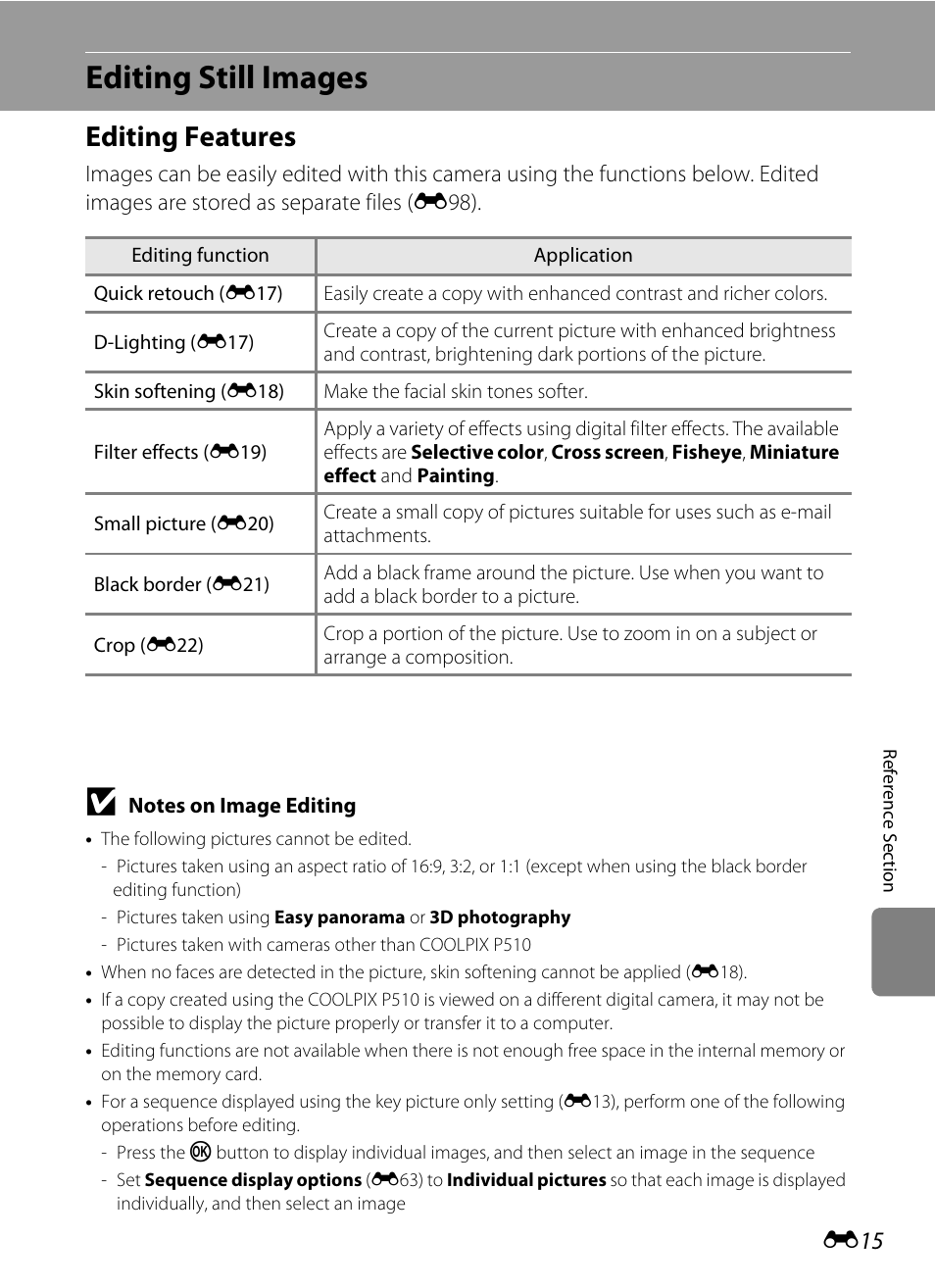 Editing still images, Editing features, E15) and “the playb | Nikon P510 User Manual | Page 145 / 260