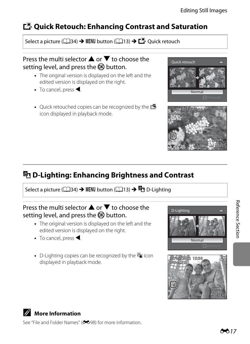 Quick retouch: enhancing contrast and saturation, D-lighting: enhancing brightness and contrast, K quick retouch: enhancing contrast and saturation | I d-lighting: enhancing brightness and contrast, E17), Lighting | Nikon P510 User Manual | Page 147 / 260