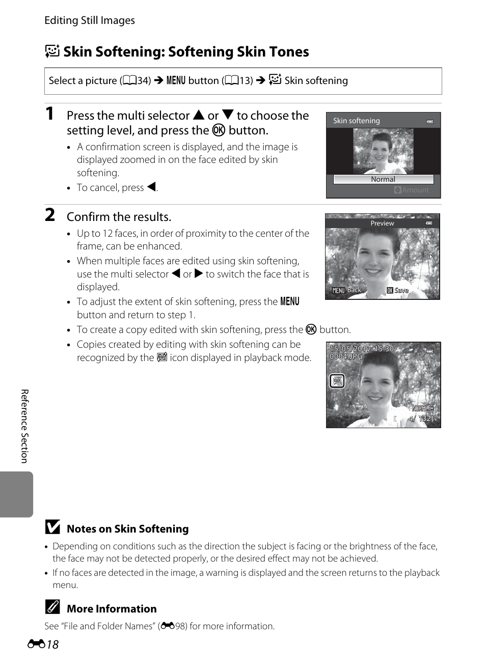 Skin softening: softening skin tones, E skin softening: softening skin tones, E18) | Confirm the results | Nikon P510 User Manual | Page 148 / 260