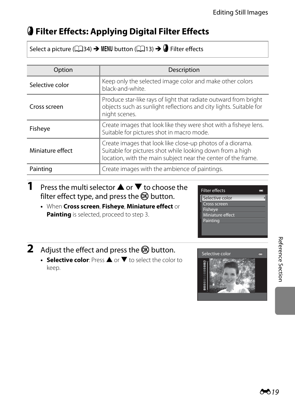 Filter effects: applying digital filter effects, P filter effects: applying digital filter effects, E19) | Nikon P510 User Manual | Page 149 / 260