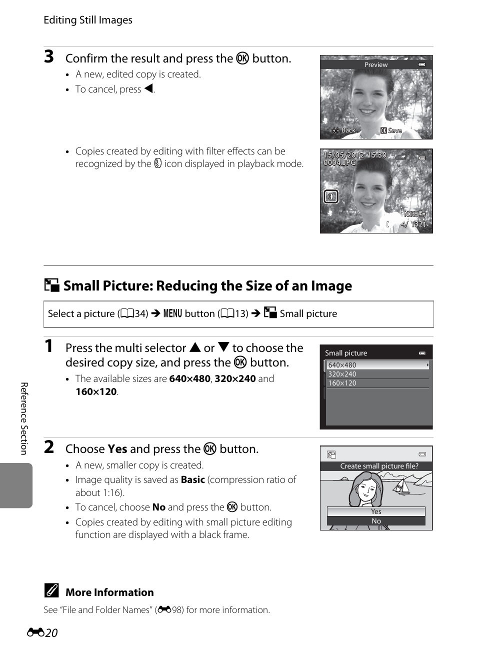 Small picture: reducing the size of an image, G small picture: reducing the size of an image, Confirm the result and press the k button | Choose yes and press the k button | Nikon P510 User Manual | Page 150 / 260