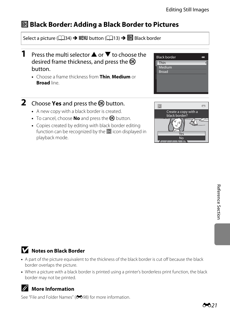 Black border: adding a black border to pictures, J black border: adding a black border to pictures, E21) | Nikon P510 User Manual | Page 151 / 260