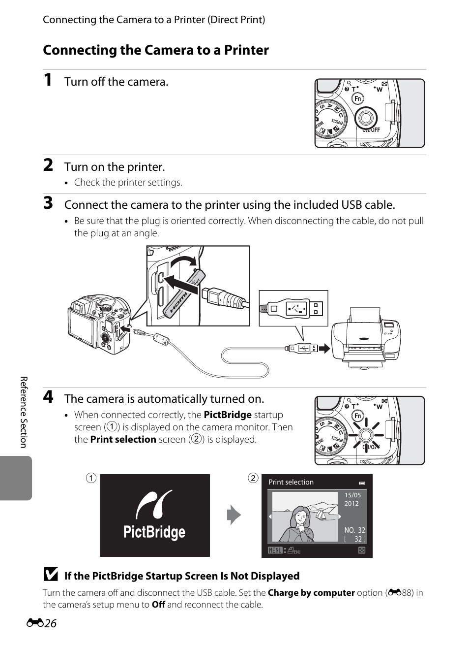 Connecting the camera to a printer, E26) | Nikon P510 User Manual | Page 156 / 260