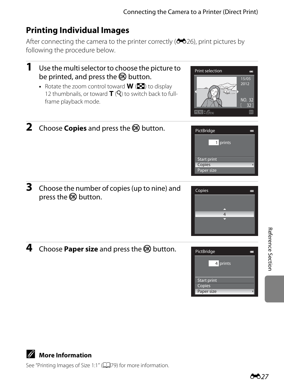 Printing individual images, E27), Choose copies and press the k button | Choose paper size and press the k button | Nikon P510 User Manual | Page 157 / 260