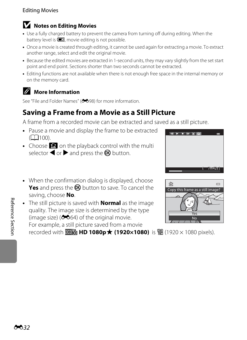 Saving a frame from a movie as a still picture, E32) | Nikon P510 User Manual | Page 162 / 260