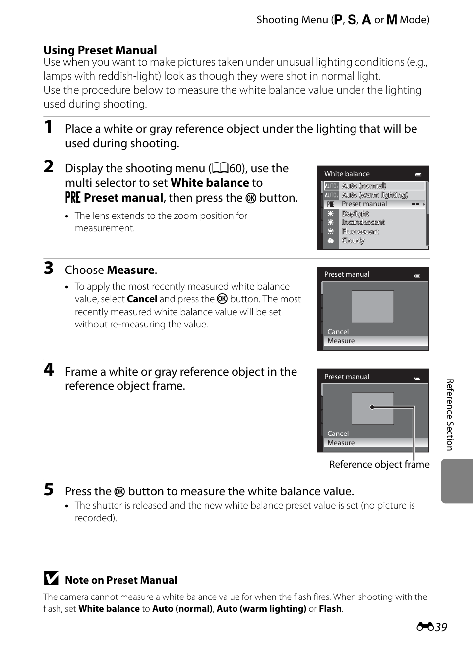 Using preset manual, E39), Button | Choose measure, Press the, Button to measure the white balance value | Nikon P510 User Manual | Page 169 / 260