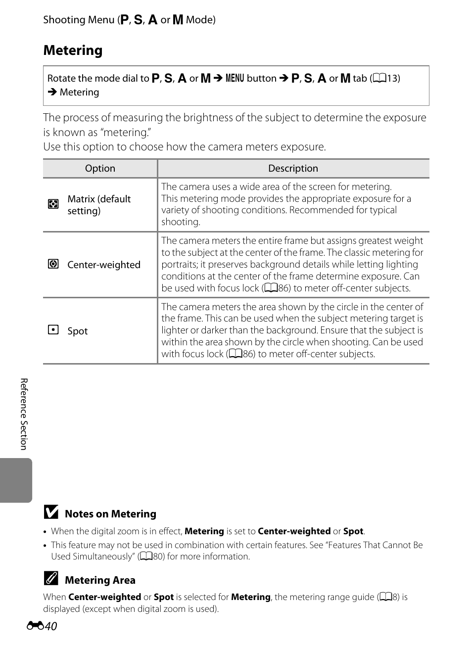 Metering | Nikon P510 User Manual | Page 170 / 260