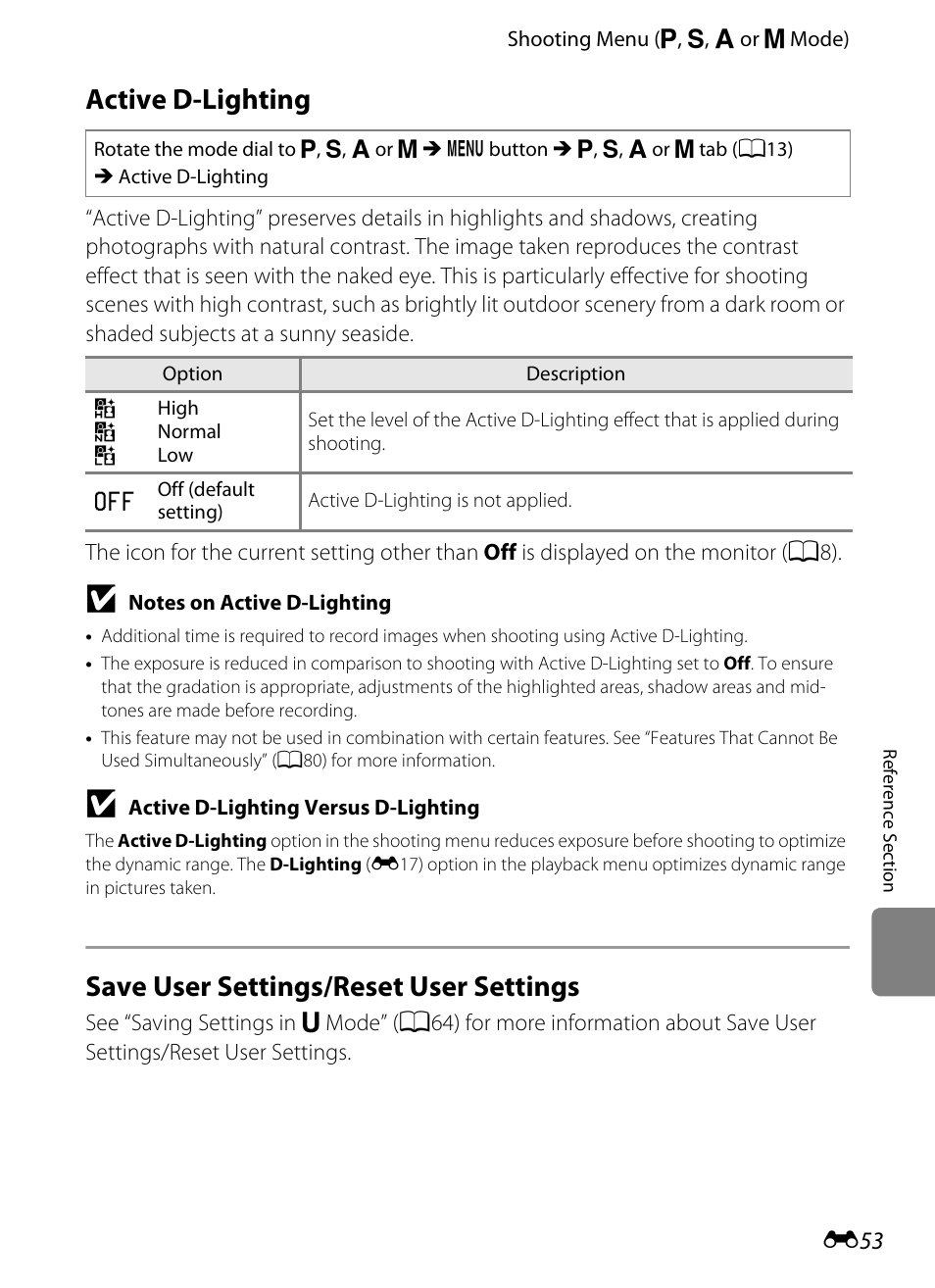 Active d-lighting, Save user settings/reset user settings | Nikon P510 User Manual | Page 183 / 260