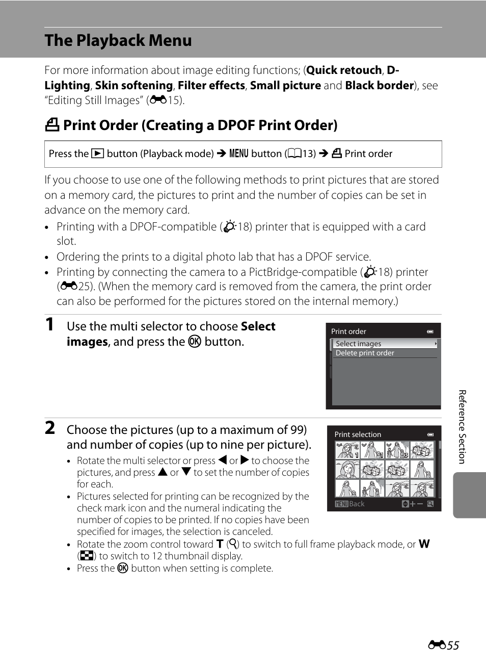 The playback menu, Print order (creating a dpof print order), A print order (creating a dpof print order) | Ack menu” (e55, E55) op, E55) | Nikon P510 User Manual | Page 185 / 260