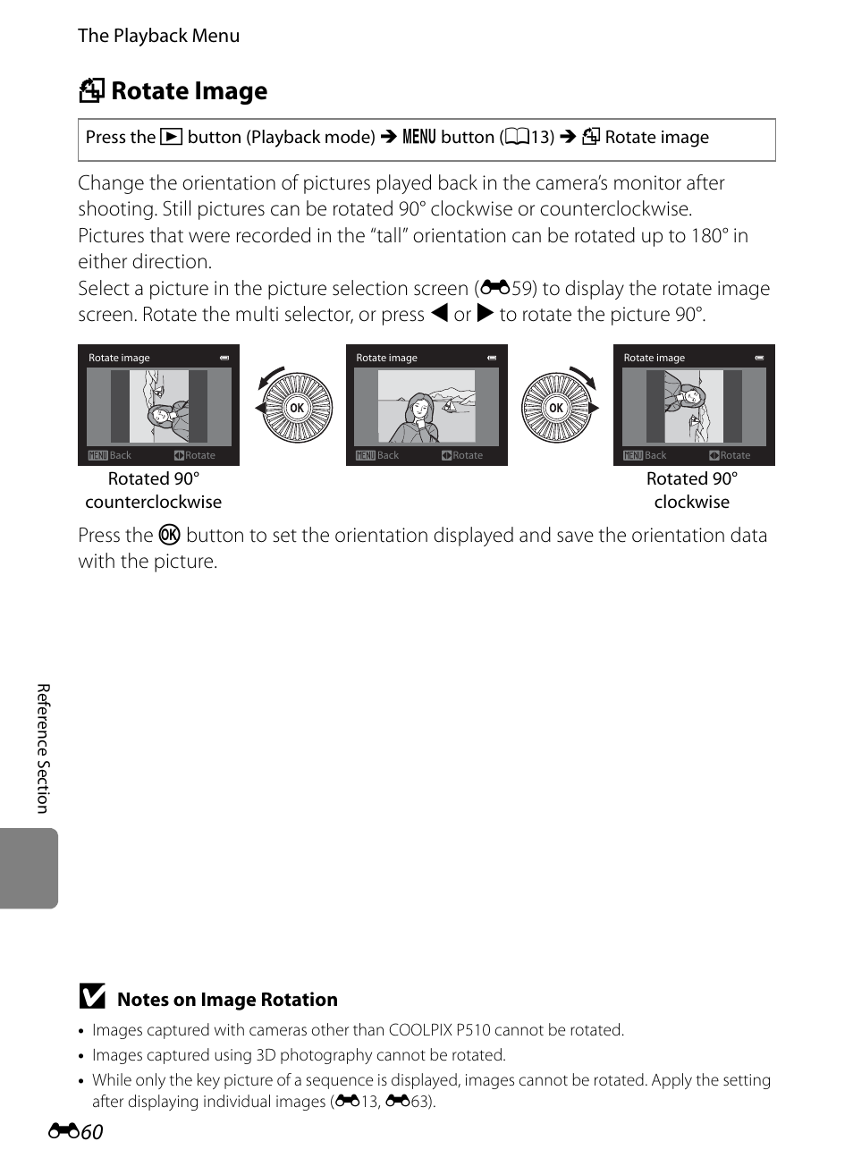 Rotate image, F rotate image, E60) | Nikon P510 User Manual | Page 190 / 260