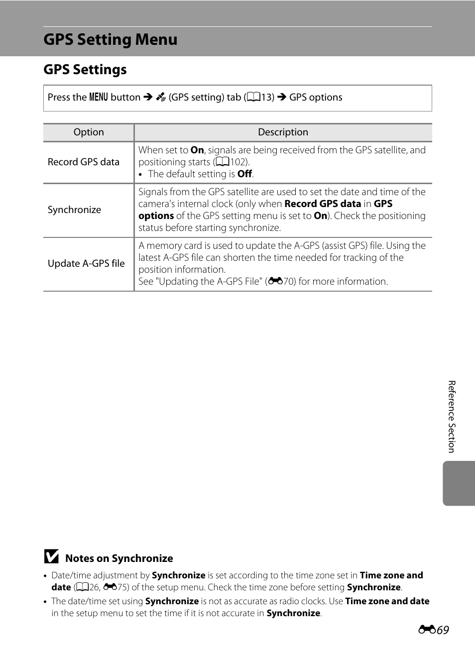Gps setting menu, Gps settings | Nikon P510 User Manual | Page 199 / 260