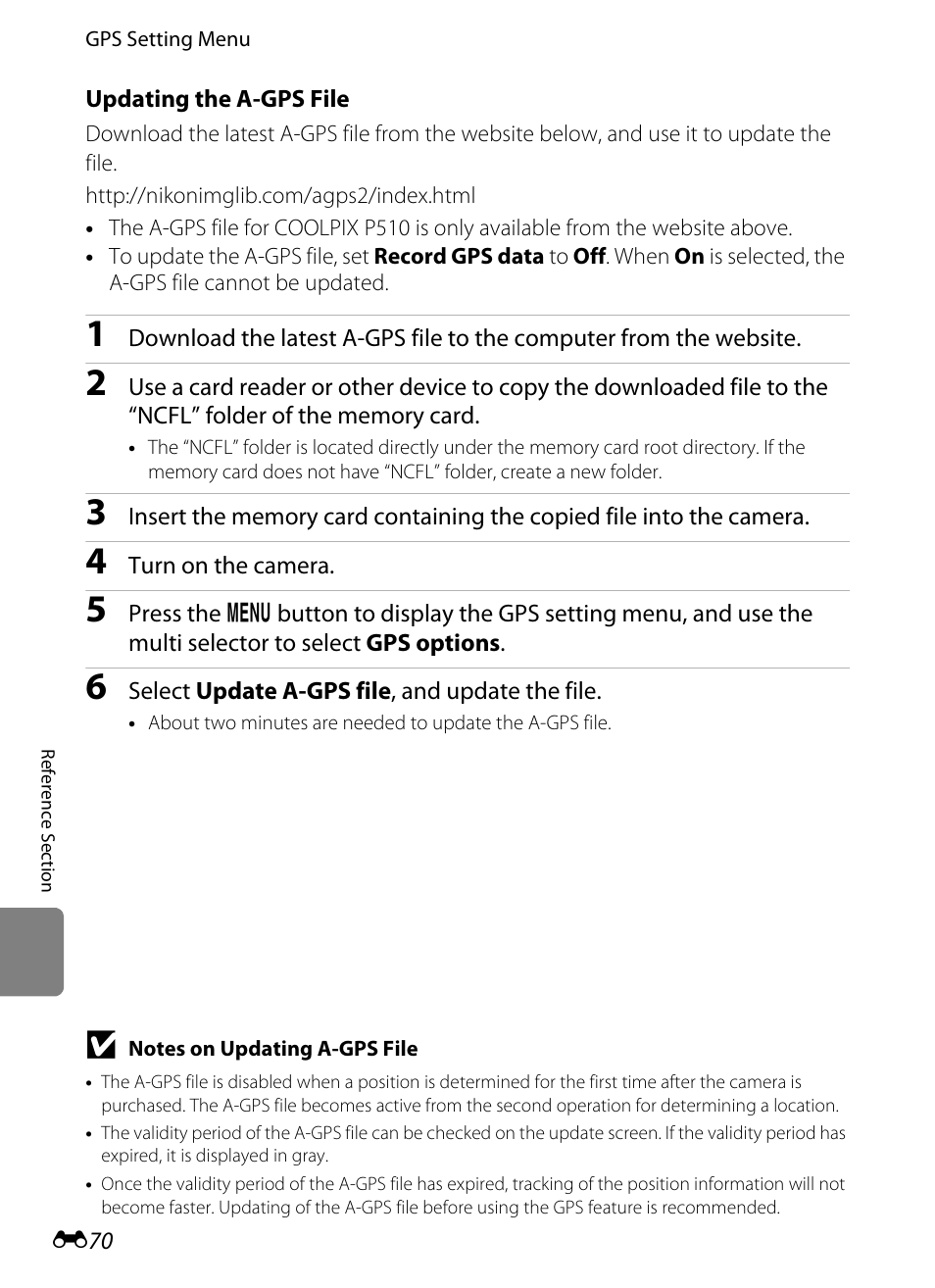 See "updating the a-gps file, E70) for more | Nikon P510 User Manual | Page 200 / 260