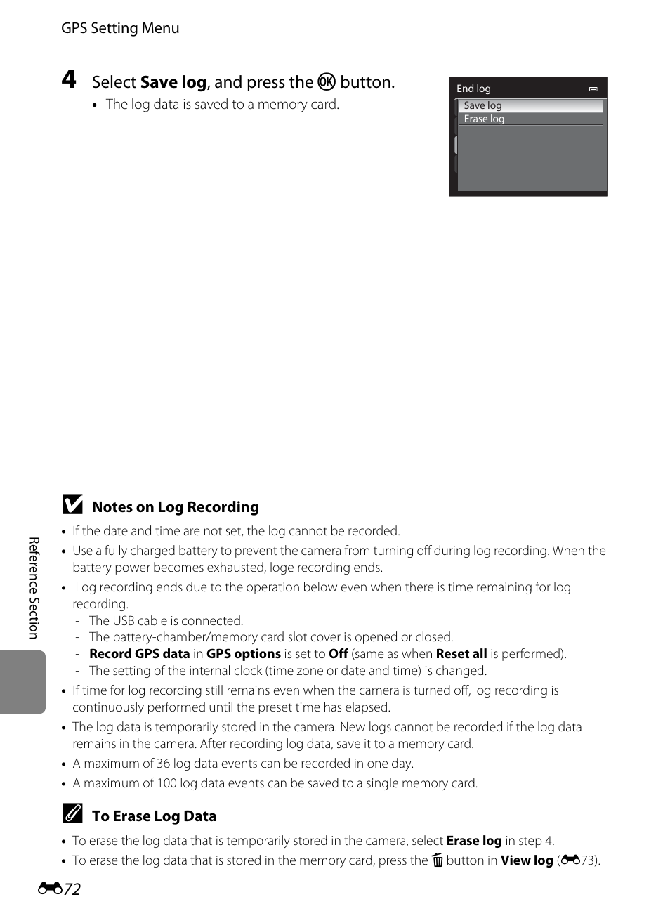 Select save log , and press the k button | Nikon P510 User Manual | Page 202 / 260