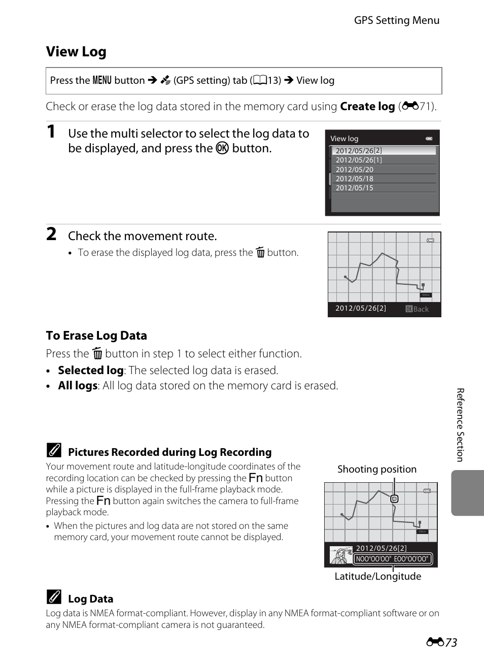 View log, Check the movement route | Nikon P510 User Manual | Page 203 / 260