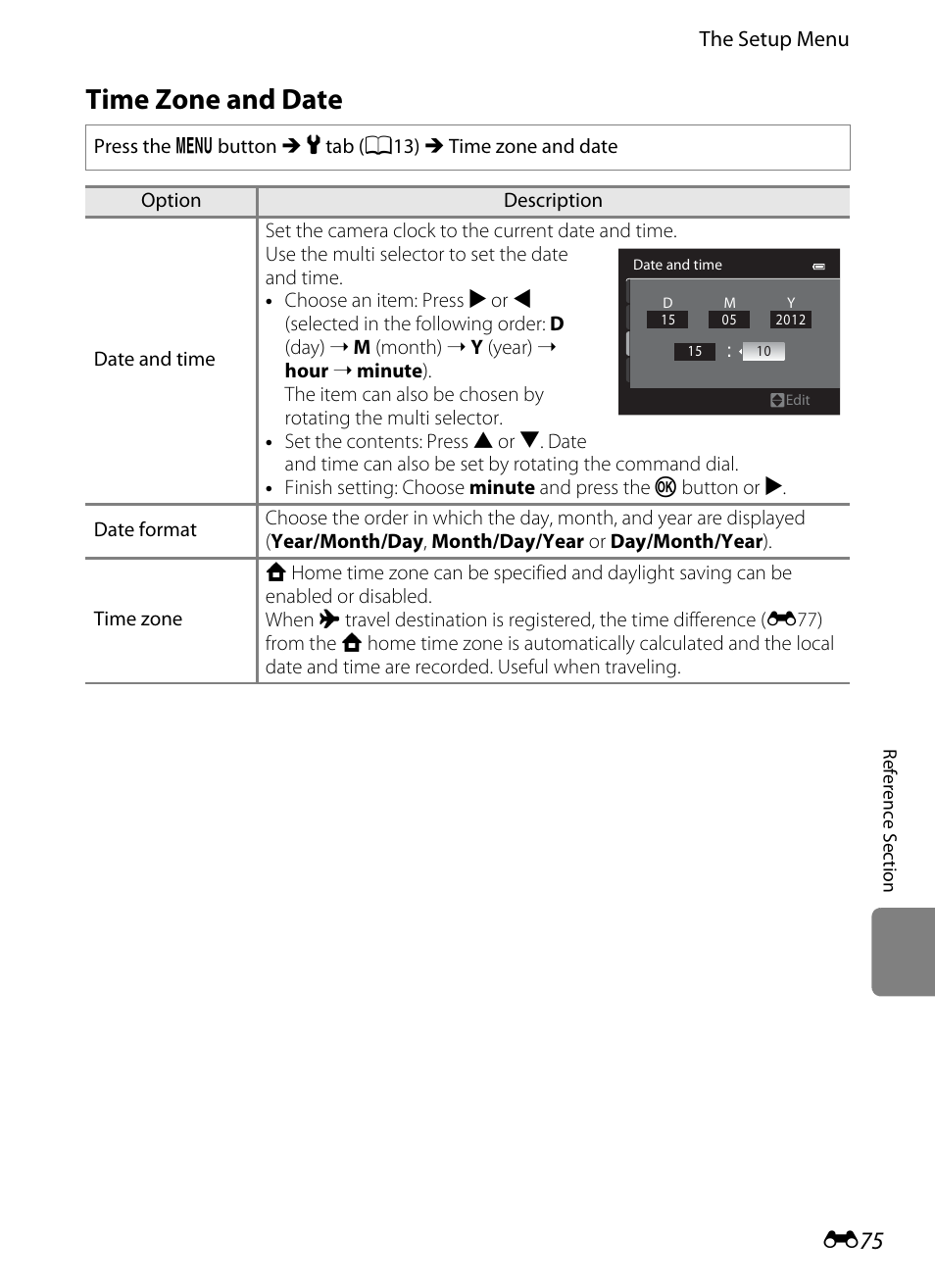 Time zone and date, E75) | Nikon P510 User Manual | Page 205 / 260