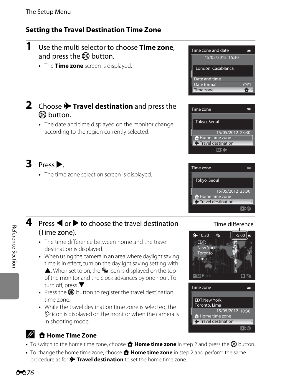 Setting the travel destination time zone, Choose x travel destination and press the k button, Press k | Nikon P510 User Manual | Page 206 / 260