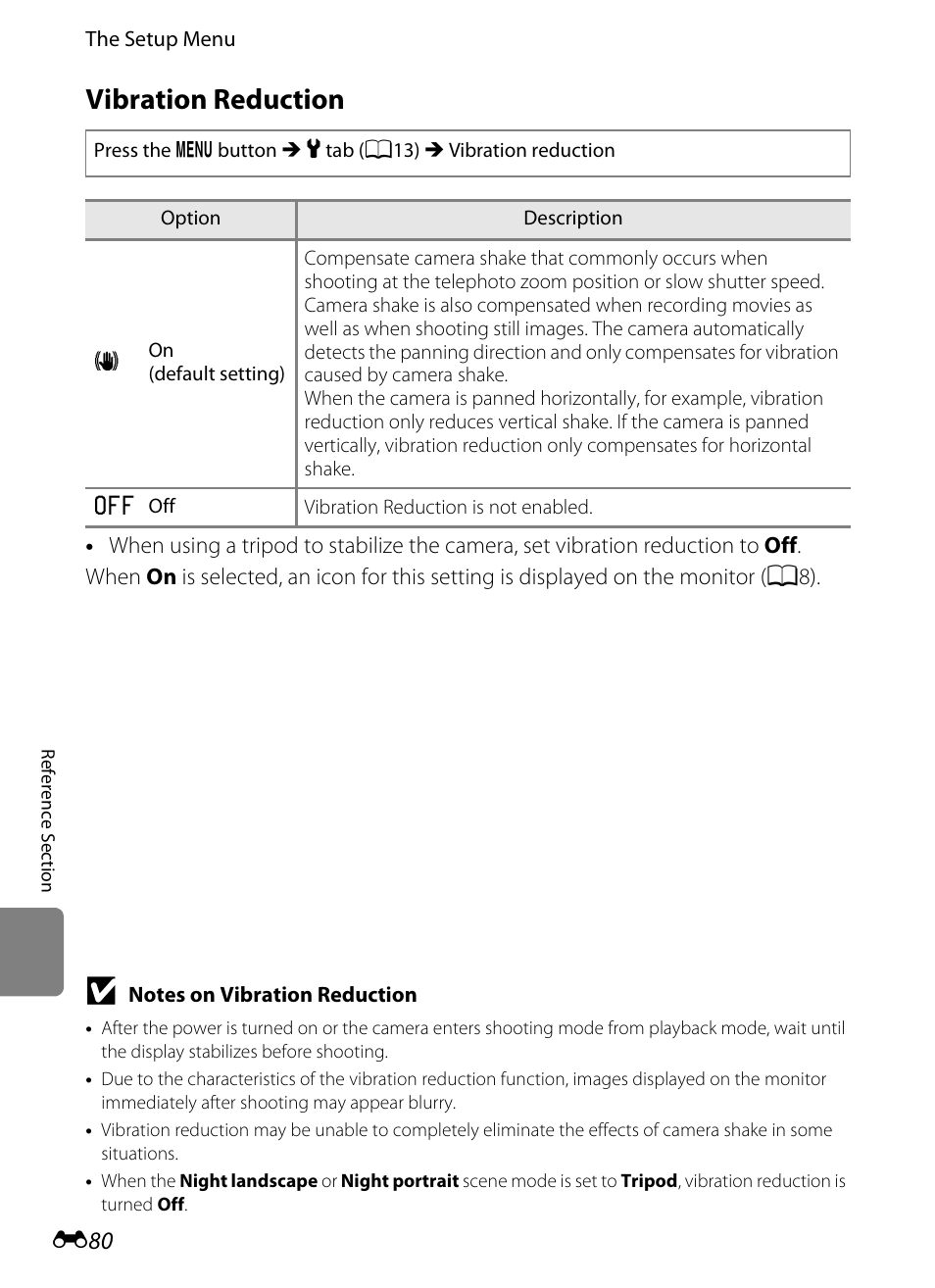 Vibration reduction, 80) to | Nikon P510 User Manual | Page 210 / 260