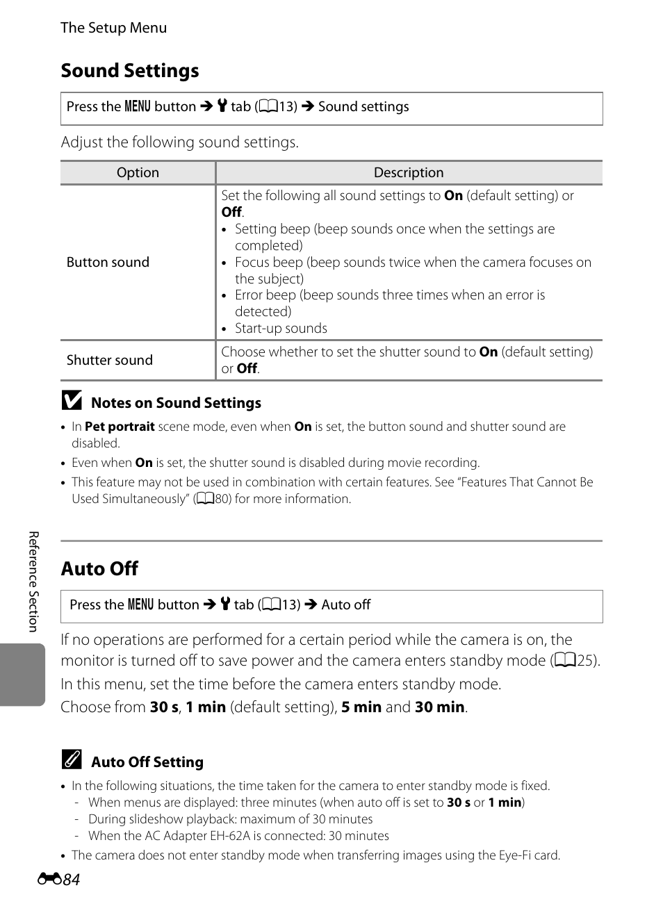 Sound settings, Auto off, E84) trig | E84) | Nikon P510 User Manual | Page 214 / 260