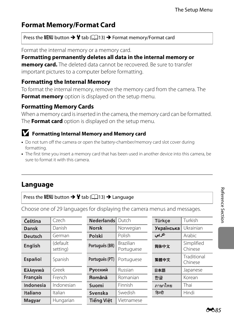 Format memory/format card, Language, E85) per | Nikon P510 User Manual | Page 215 / 260