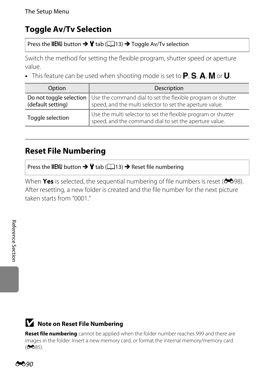 Toggle av/tv selection, Reset file numbering | Nikon P510 User Manual | Page 220 / 260