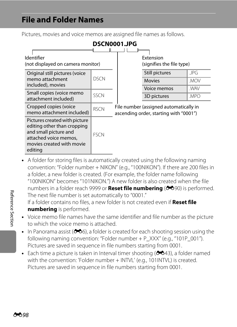 File and folder names, E “file and folder names, Ee “file and folder names | E98), E98) i, Dscn0001.jpg | Nikon P510 User Manual | Page 228 / 260
