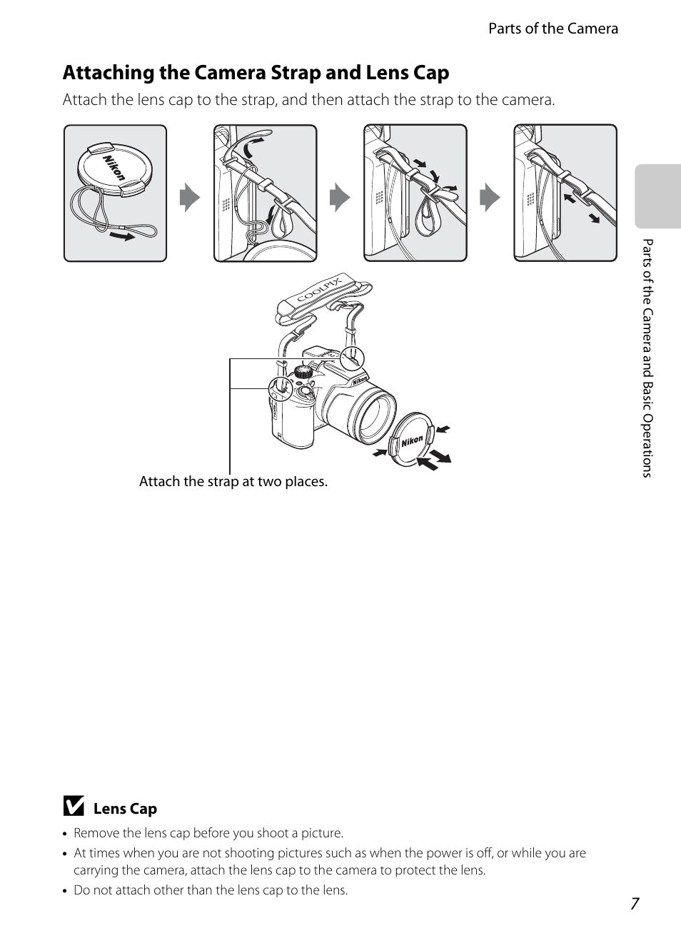 Attaching the camera strap and lens cap | Nikon P510 User Manual | Page 25 / 260