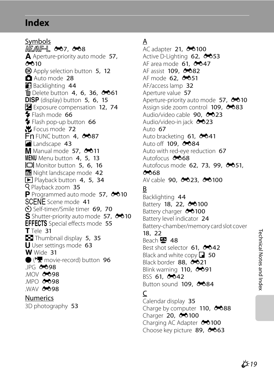 Index, F 19 | Nikon P510 User Manual | Page 255 / 260