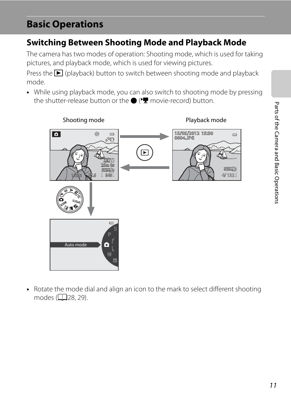 Basic operations, Switching between shooting mode and playback mode | Nikon P510 User Manual | Page 29 / 260