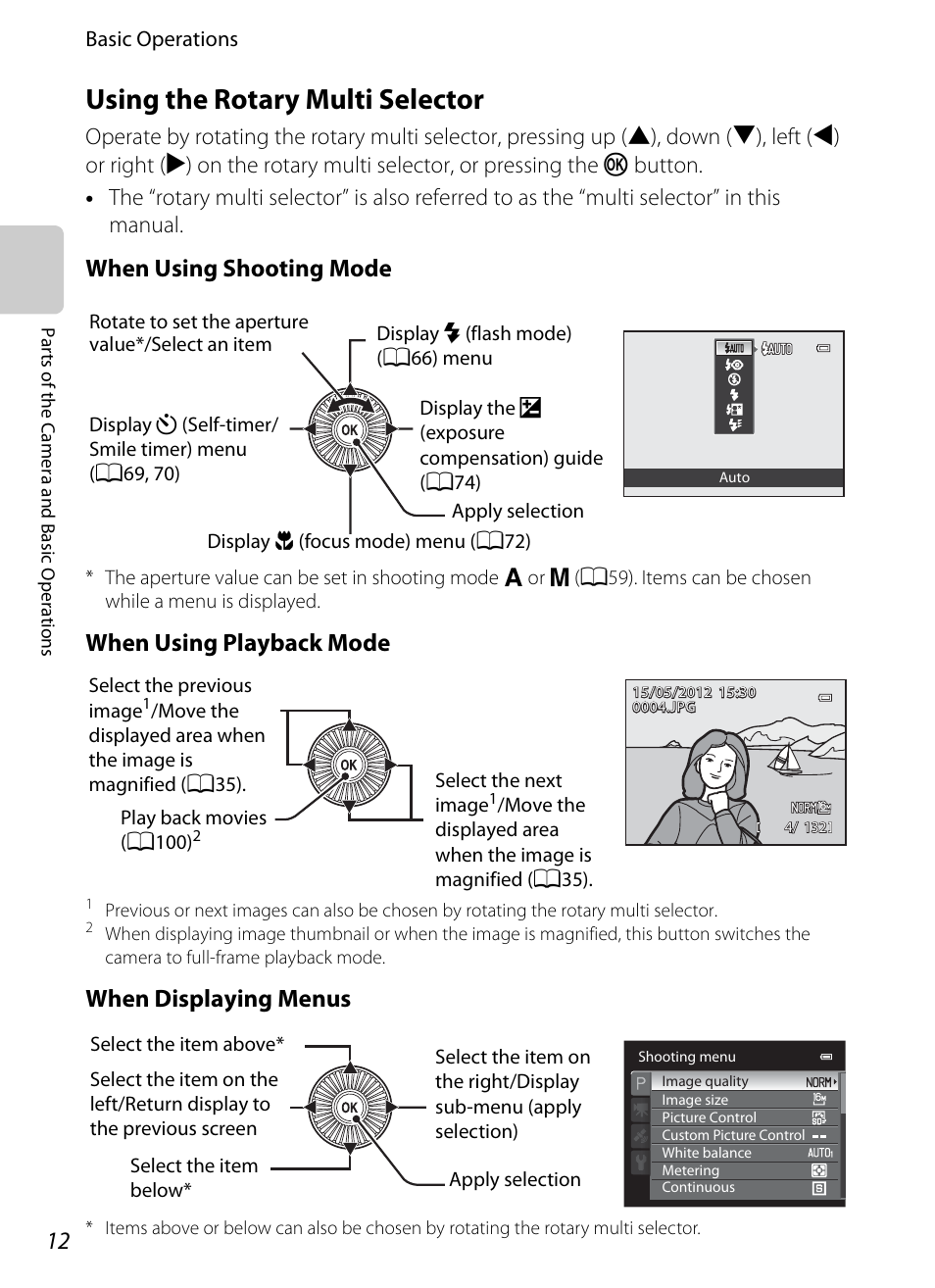 Using the rotary multi selector, When using shooting mode, When using playback mode | When displaying menus | Nikon P510 User Manual | Page 30 / 260