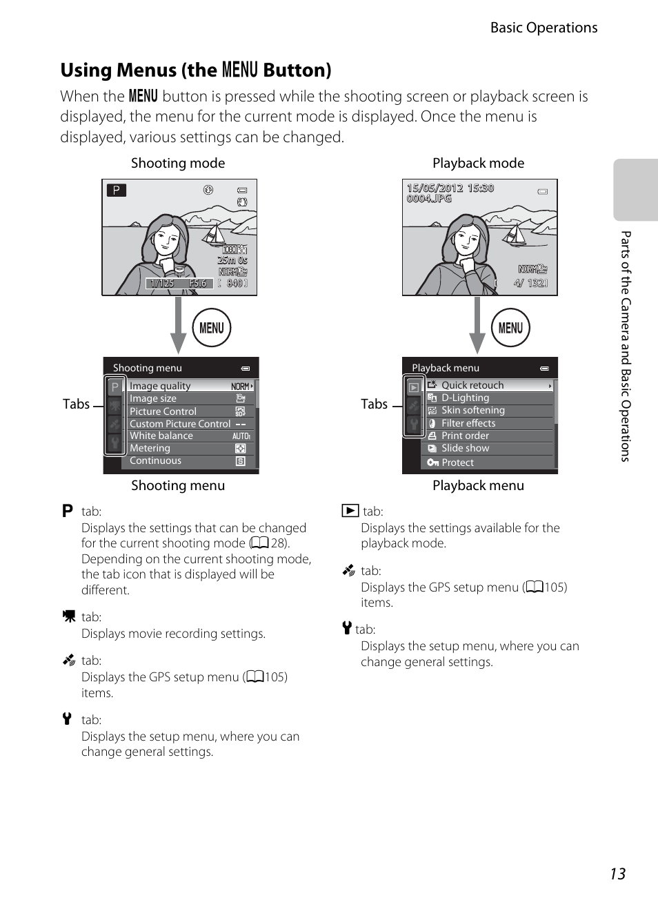 Using menus (the menu button), Using menus (the, D button) | Using menus (the d button), Basic operations | Nikon P510 User Manual | Page 31 / 260