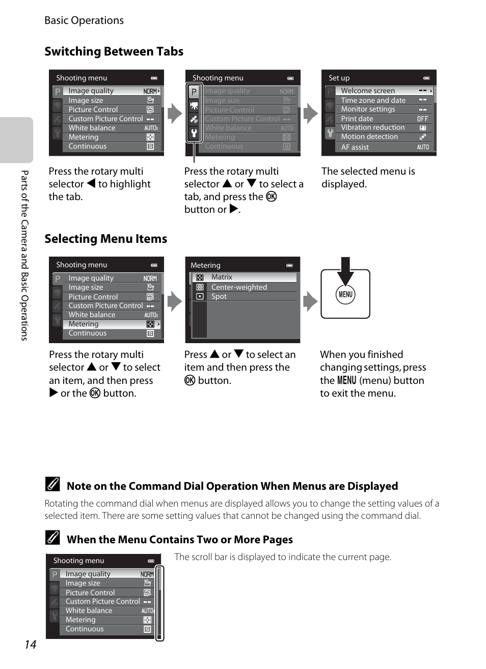 Switching between tabs selecting menu items, Basic operations, When the menu contains two or more pages | Nikon P510 User Manual | Page 32 / 260