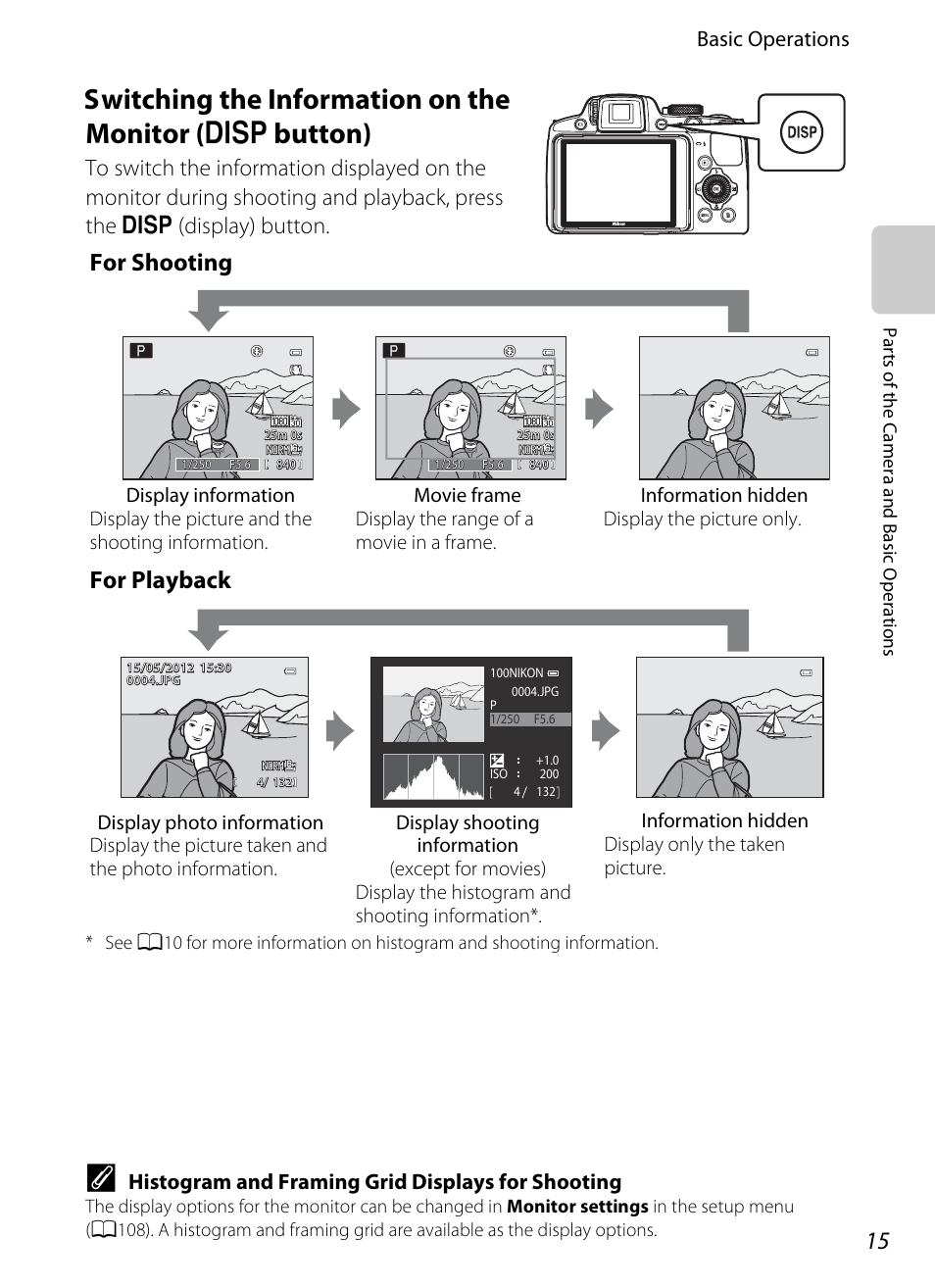 Switching the information on the monitor, S button), A15) | For shooting, For playback, Basic operations, Histogram and framing grid displays for shooting | Nikon P510 User Manual | Page 33 / 260