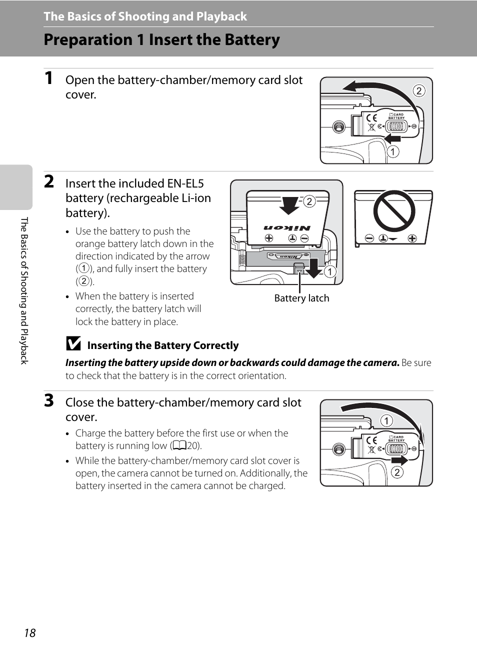 Preparation 1 insert the battery | Nikon P510 User Manual | Page 36 / 260