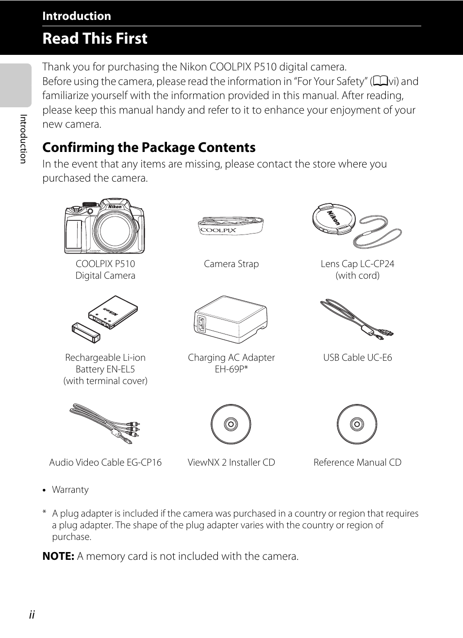 Introduction, Read this first, Confirming the package contents | Nikon P510 User Manual | Page 4 / 260