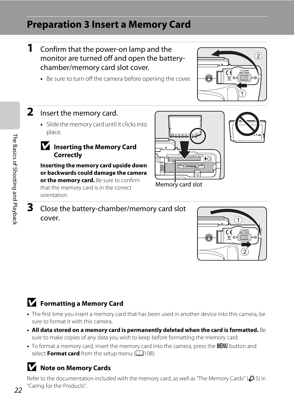 Preparation 3 insert a memory card | Nikon P510 User Manual | Page 40 / 260