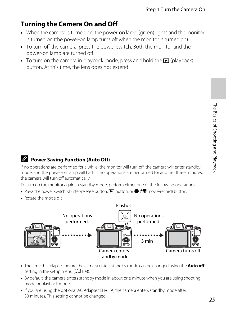 Turning the camera on and off, Ra off, A25) | Step 1 turn the camera on, Power saving function (auto off) | Nikon P510 User Manual | Page 43 / 260