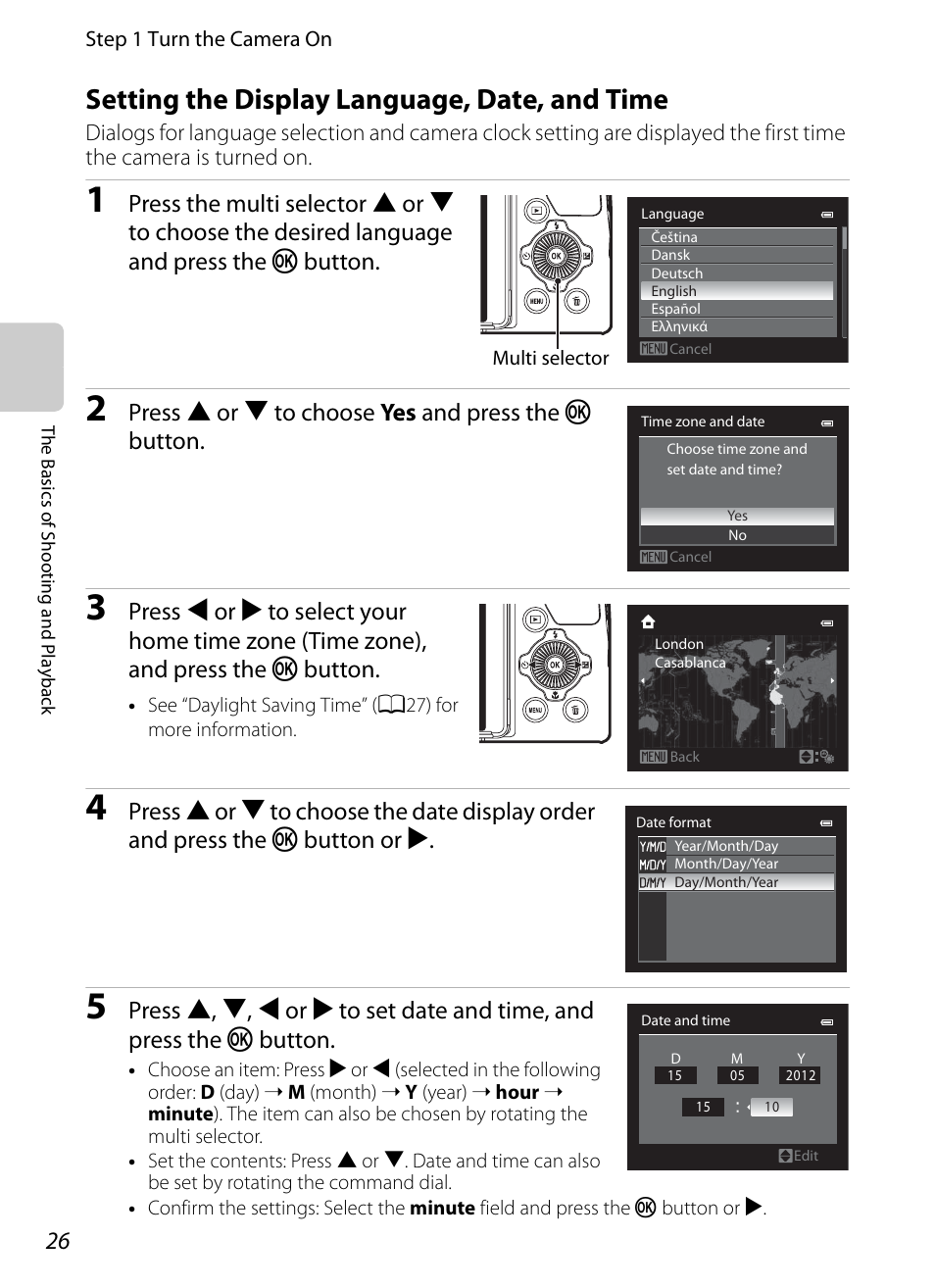 Setting the display language, date, and time, A26), Press h or i to choose yes and press the k button | Nikon P510 User Manual | Page 44 / 260